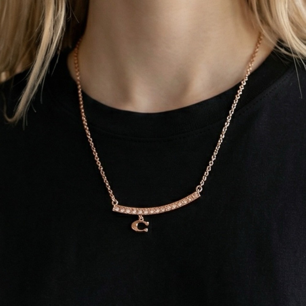 NEW ~ COACH Signature Pave Bar Necklace in Rose Gold w Crystals, #91431 - NWT